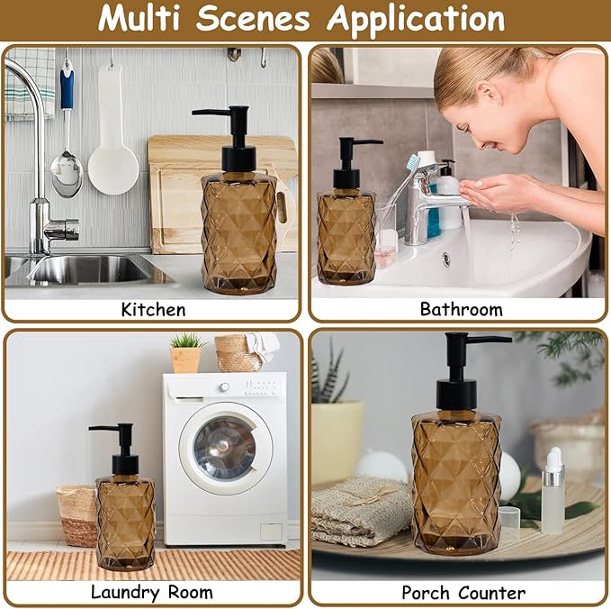 Brown Glass Soap Dispenser with Black Plastic Pump, 12oz Refillable Liquid Hand Soap Dispenser, 2 Pack Crystal Lotion Bottle for Modern Home Decor, Bathroom, Kitchen Countertop, Hotel