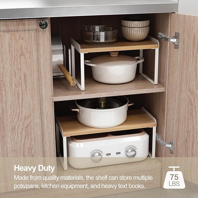 Mitus Shelf Organizer and Storage, Stackable Tiered Wood Cabinet Rack for Countertops, Desktops, Cabinets (Set of 2) 16" Wide Natural Oak and White