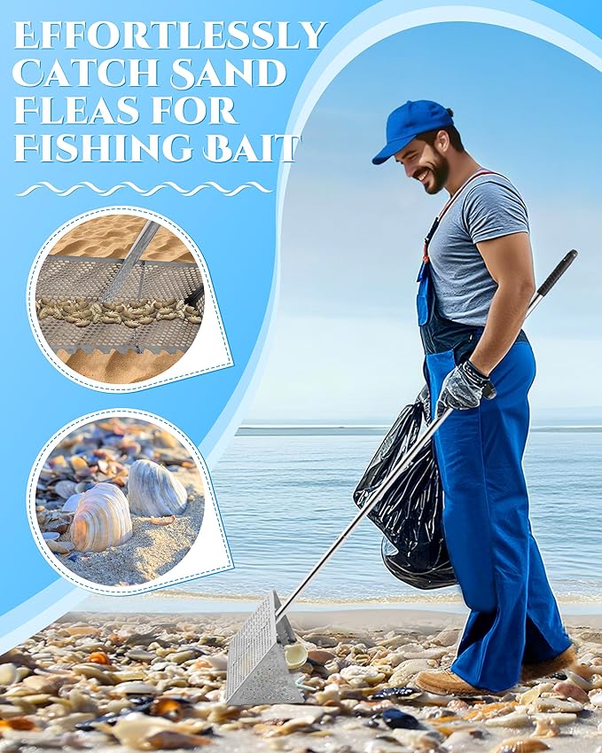 Sand Flea Rake 16" Wide - Detachable 54" Handle with Shark Tooth Screen - Steel Beach Rake for Fishing Bait, Shelling, Yard Cleaning - Saltwater Rust Proof & Portable