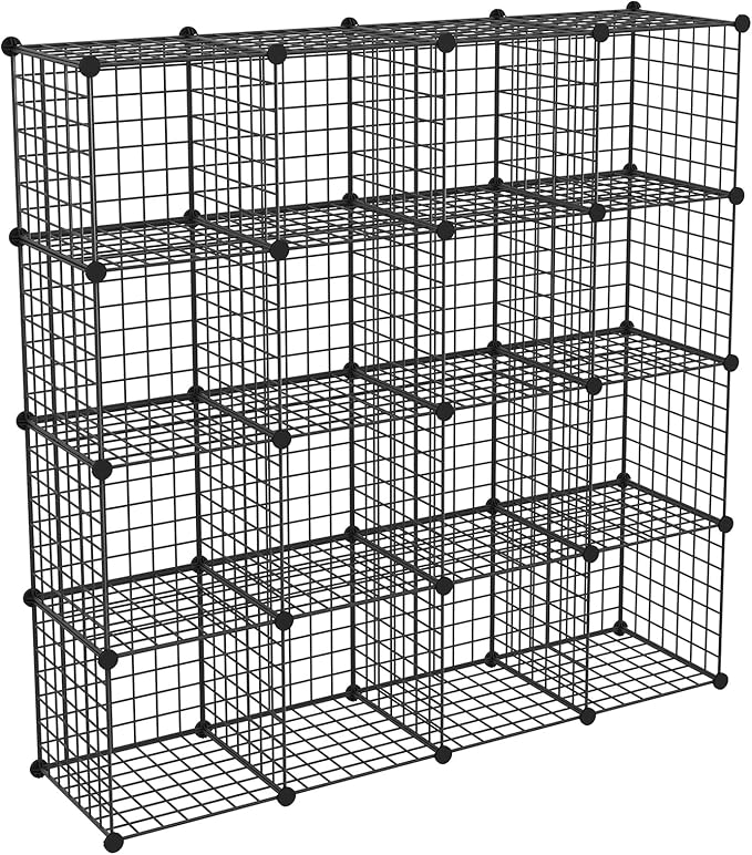 HUBSON Wire Cube Storage Organizer, Book/Toy/Craft/Potted Plants and petCloset Organizers and Storage Shelves, 16-Cube Freely Combinable Metal Grids Storage Shelf,Black Iron