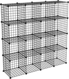 HUBSON Wire Cube Storage Organizer, Book/Toy/Craft/Potted Plants and petCloset Organizers and Storage Shelves, 16-Cube Freely Combinable Metal Grids Storage Shelf,Black Iron