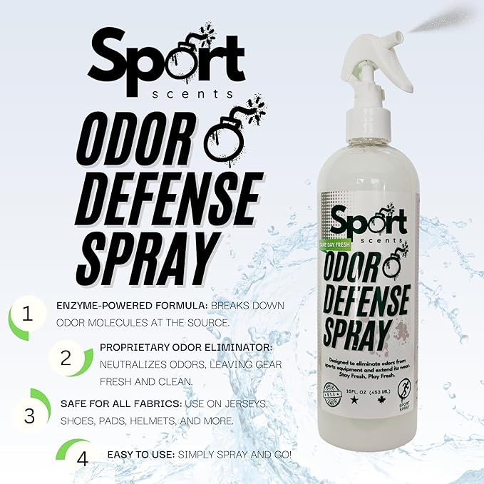 Sports Scents Odor Defense Spray - Sports Gear Odor Eliminator & Deodorizer - Neutralizer & Refresher Spray for Sports Equipment, Sportswear, Shoes, Athletic Jerseys, & Outdoor Gear - 16 Fl Oz