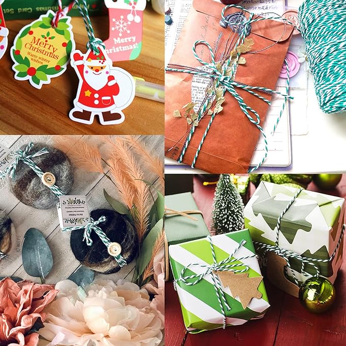 Benvo Pack of 2 Green White Cotton Twine and Red White Packing String Christmas Xmas Twine Rope Ribbon Cord for Baking, Butchers, DIY Crafts Wrapping Ornaments Hanging 656 ft Long