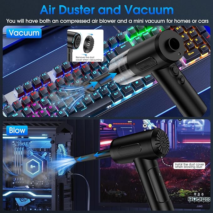 Compressed Air Duster, 100000RPM Handheld Car Vacuum/Air Blower& Pump, 3 Gear Adjustable Electric Air Duster/Car Vacuum Cleaner, Keyboard Duster with LED Light-10 Kits Air Blower for Computer(Black)
