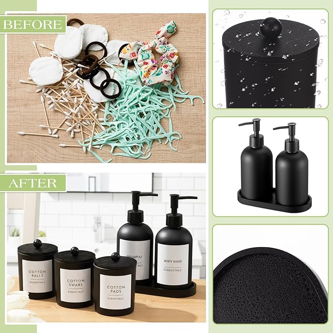 Yaomiao 5 Pack Bathroom Accessories Set, Modern Bathroom Decor Sets, Glass Liquid Soap Dispenser, Vanity Tray, Toothbrush Holder, Cotton Swab Jars with Lids for Sink Countertop(Black,Frosted)