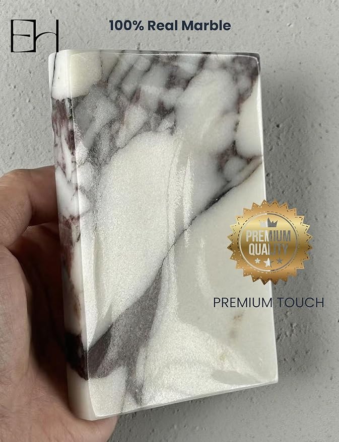 Natural Marble Soap Dish for Shower with Silicone Non-Slip Feet, Stone Drying Tray, Bar Soap Saver, Holder Container for Bathroom Decor Accessories(Calacatta Viola, Rectangular)