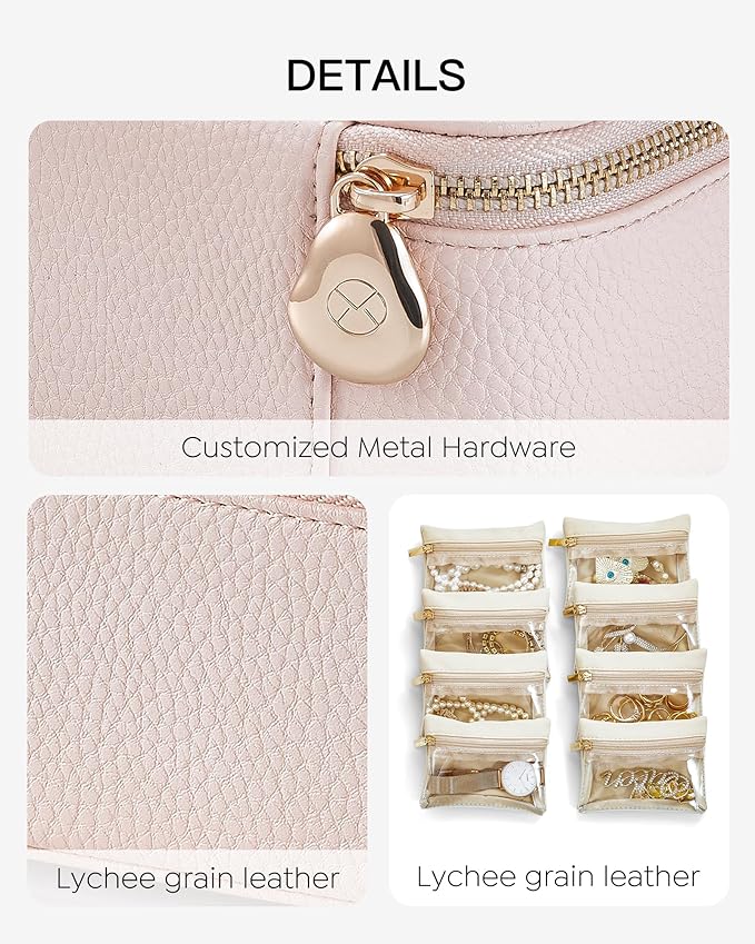 Vlando Jewelry Travel Case,Travel Jewelry Organizer with Clear Velvet Jewelry Bags 8Pcs Zipper Pouch for Women Girl Gift-Pink