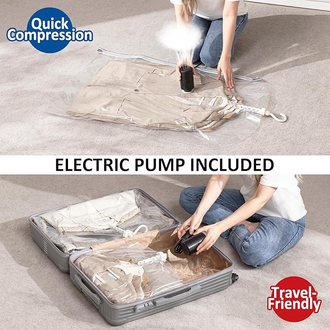 Hanging Vacuum Storage Bags, 6 Pack Hanging Storage Bags for Clothes With Electric Pump, Vacuum Sealed for Suits, Dress, Jackets (3 Long, 3 Short)