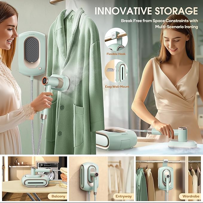 Newbealer 2In1 Pro Steam Station Iron, 1550W Turbo 3-level Steam & 3 Dry Heat Modes for Clothes, 30s Heat Up, 1.2L Detachable Tank, Auto-Off, Self Cleaning, Commercial-Grade for Home & Hotel (Green)