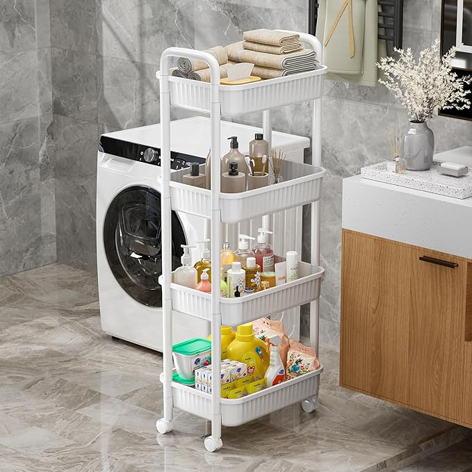 JOYZAN 4 Tier Rolling Carts with Wheels, Utility Cart with Handle and Locking Caster, Storage Cart for Kitchen, Office, Bedroom, Suitable for Diaper, Art Tools, Snack, Craft Storage Cabinet, White
