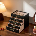pickpiff Jewelry Box Organizer Case for Women: 5-Layer Jewelry Storage Case with Glass Window, Black Leather with Blush Velvet, Holder for Ring Necklace Bracelet Brooch Watch, Great Gift for Her