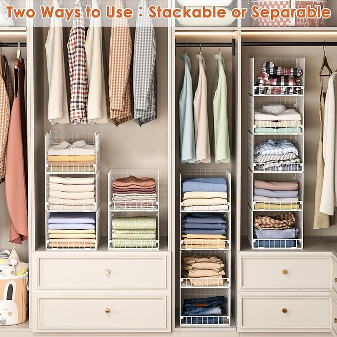 5-Tier Stackable Closet Storage Shelves, Closet Organizers and Storage Basket, Foldable & Stackable Clothes Organizer for Closet Organizer System,Space-Saving Closet Storage Shelf for Home ,White