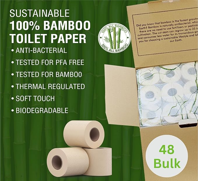 48 Bulk Premium Unbleached Bamboo Toilet Paper, 3-Ply, 300 Sheets, Plant-Based, PFAS-Free, FSC Certified, Chlorine-Free, Plastic-Free, BPA-Free Toilet Tissue (48)