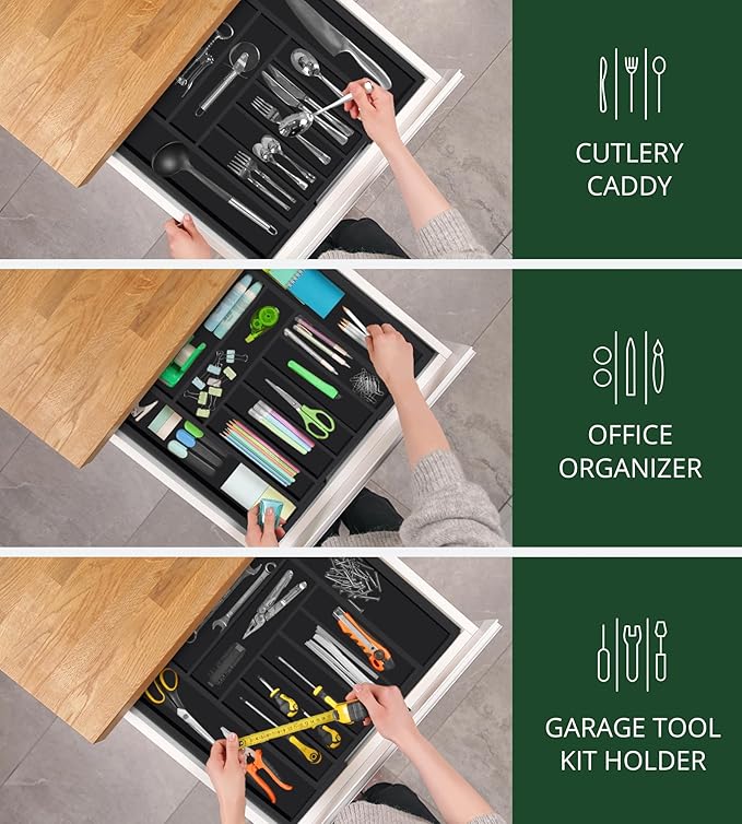 ROYAL CRAFT WOOD Luxury Bamboo Kitchen Drawer Organizer - Silverware Organizer - Utensil Holder and Cutlery Tray with Grooved Drawer Dividers for Flatware and Kitchen Utensils (9 Slot, Black)