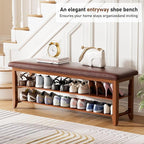 Shoe Bench with Leather Cushion,Burnt Wood Shoe Organizer Bench for Entryway, Rubberwood Entryway Bench for Hallways, Front Doors, Entrances, Mudrooms (Two Floors, 47.2)