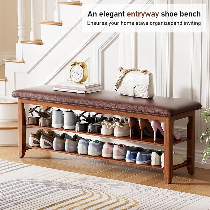 Shoe Bench with Leather Cushion,Burnt Wood Shoe Organizer Bench for Entryway, Rubberwood Entryway Bench for Hallways, Front Doors, Entrances, Mudrooms (Two Floors, 47.2)