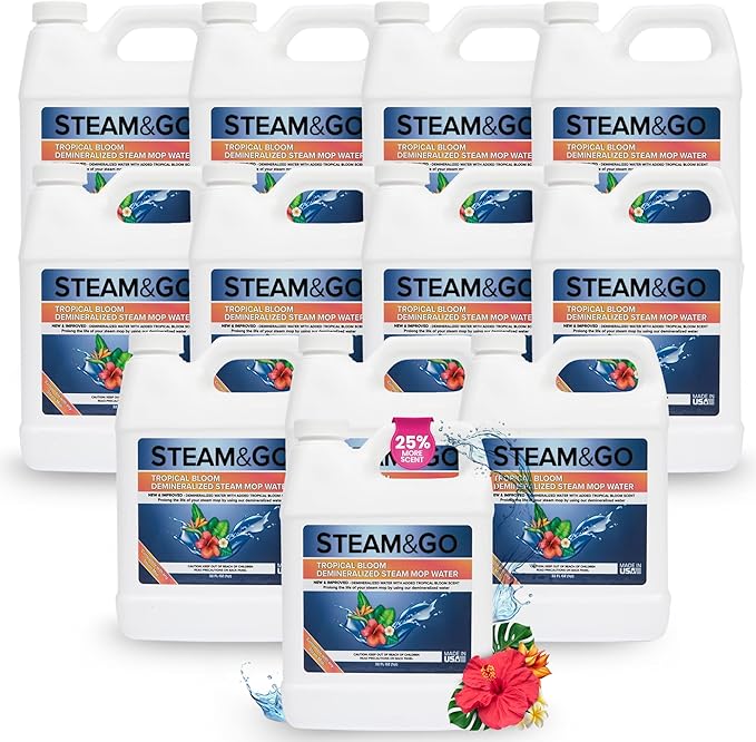 Steam & Go Demineralized Water for Steam Cleaner - PVC-Free Floor Cleaning Solution Compatible for All Steam Mops - Multi-Surface Cleaner for Home Surfaces - Tropical Bloom Scent, 32 oz (Pack of 12)