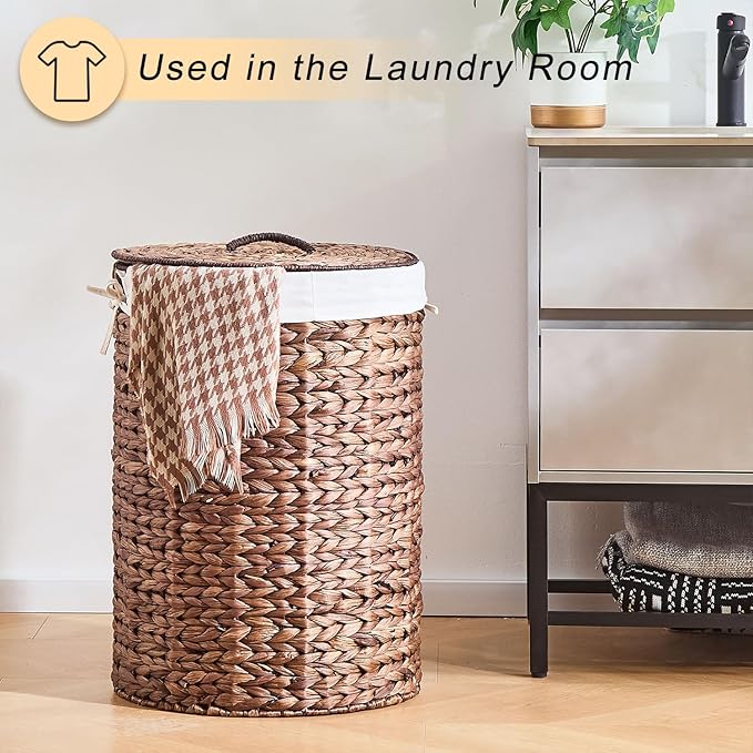 Round Water Hyacinth Laundry Hamper with Lid Handwoven Wicker Basket with Handles for Dirty Clothes, Storage, and Organization Ideal for Bedroom, Bathroom, and Laundry Room, No Assembly Required, 2Pcs