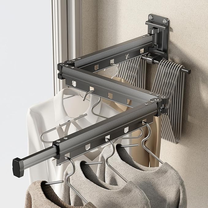 Clothes Drying Rack Wall Mounted Foldable Laundry Drying Rack Collapsible/Retractable Space Saving Laundry Hanger Dryer Rack with Additional Bar-Matte Gray