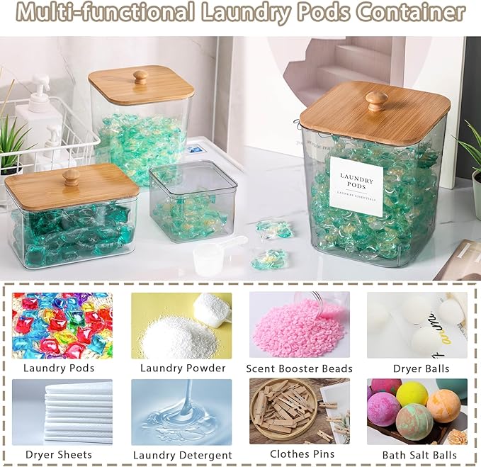 4 Pack Laundry Pods Container,Clear Dryer Sheet Holder & Laundry Room Organization and Storage with Lids, Scoops & Labels for Laundry Detergent, Powder, Dryer Balls, Beads (Mix Colors)