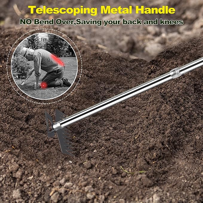 Weed Puller Picker Tool Scuffle Hoe Rake, Hand Tiller Small for Planting, Grass Weeder Dandelion Uprooting Remover, Standing Cultivator for Flower Garden Beds Lawns Yard Weeding and Leveling