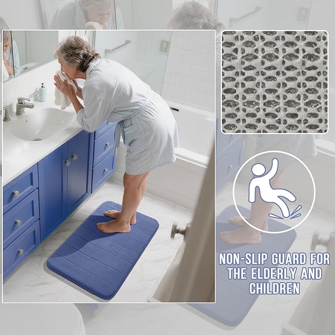 Yimobra Memory Foam Bath Mat, Super Soft Absorbent Bathroom Rug Non Slip 24x17 Inch, Quick Dry, Machine Washable Floor Carpet for Tub Shower, Home Decor Accessories, Navy Blue