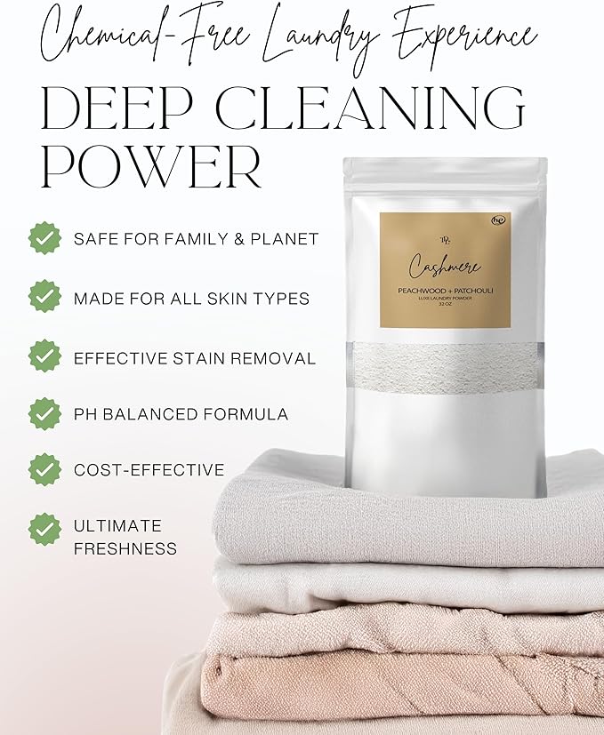 Home "CASHMERE" Powdered Luxury Laundry Detergent Powder & Booster – Ultra-Concentrated Peachwood & Patchouli Scent – Natural, Stain-Fighting, HE Safe, Gentle on Skin – 32 oz/64 Loads