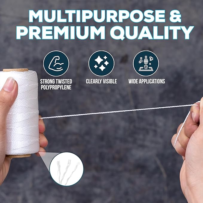 White Mason Line String – 393ft, 1.3mm Thick Twisted Polypropylene – Durable Construction Twine for Laying Bricks, Blocks, Fences in Gardening, DIY & Landscaping Projects