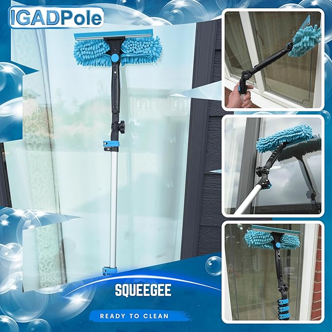 26ft IGADPole Washing Kit: Water-fed Brush, Cobweb Duster and 10” Squeegee and Soap Dispenser, with 5-Stage Telescoping Pole 5-20ft Pole