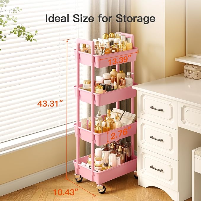 Pipishell 4-Tier Rolling Cart, Plastic Cart with Lockable Wheels & Reinforced Handle, Lightweight Utility Storage for Nursery, Bathroom, Craft Room, Pink