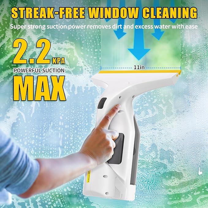WV-03 Electric Window Vacuum Squeegee Cordless 11", Window Vac with 2.2KPA MAX Suction, Perfect for Showers, Mirrors, Glass, Countertops