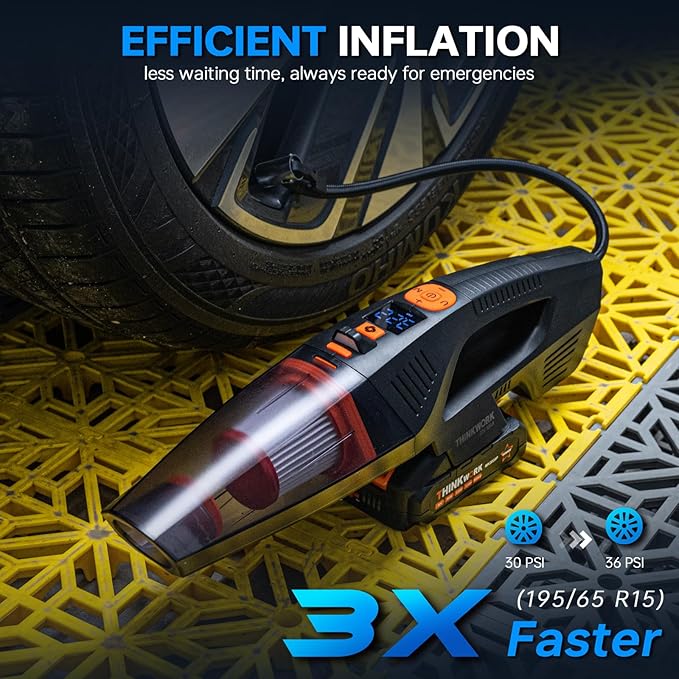 THINKWORK 20V Car Vacuum & Air Compressor, Dual Function High Power Handheld Cordless Vacuum with 18000pa Suction Power for Car Cleaning, Household Dust Removal, Inflation