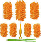 Duster Refill for Swiffer Duster, Reusable Duster Refill Compatible with Swiffer Hand Duster, 360° Heavy Duty Washable Microfiber Dusters for Cleaning, 6 Pack & 1 Handle, Orange