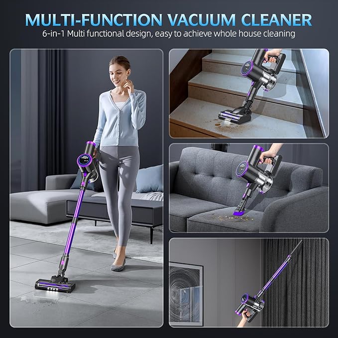 Cordless Vacuum Cleaner, Stick Vacuum with LED Display, 2 Modes 6 in 1 Lightweight Rechargeable Cordless Stick Vacuum with 40Min Detachable Battery Vacuum Cleaner for Home Hard Floor Carpet
