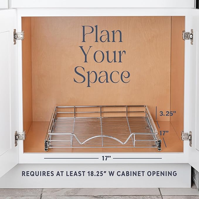 HOLDN’ STORAGE Pull Out Cabinet Organizer - Heavy Duty Steel with Smooth Slide-Out Drawers, Chrome Finish - 17" W x 17" D Basket, Fits 18.25" Cabinet Opening