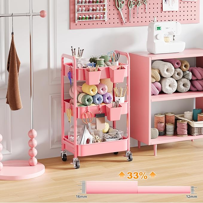 3 Tier Pink Rolling Cart with Lockable Wheels, Metal Utility Carts Organizer on Wheels for Kitchen, Nursery, Snack, Bedside Cart for Baby Essentials, Easy Assemble Mobile Storage Roller Trolley