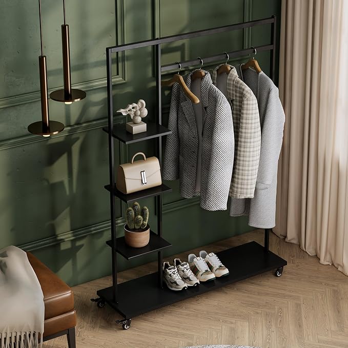 Clothing rack with shelves,Heavy Duty clothes rack with wheels,Rolling Garment Rack for hanging clothes with 4 flank Shelves,Portable Wardrobe Closets Organizer for Bedroom/Boutique/Cloakroom