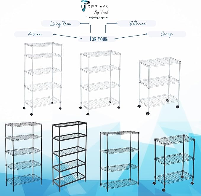 Displays By Jack 5 Tier Heavy Duty Wire Shelving Unit Storage Rack for Products Plant Pantry, Garage, Laundry Racks Durable Shelf Organizer Shelves Stand 14" W x 30" L x 60" H, Chrome