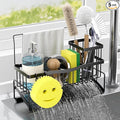 Sponge Holder for Kitchen Sink 304 Stainless Steel Self-Draining Sink Caddy with Smiley Face Sponge and Brush Holder Towel Bar and Divider Kitchen Gadgets Organizer for Countertop, Black