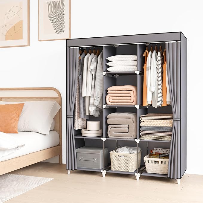 Portable Closet, 51 Inch Wardrobe Closet for Hanging Clothes with 2 Hanging Rods, 8 Storage Organizer Shelves for Bedroom, Durable and Easy to Assemble, Grey