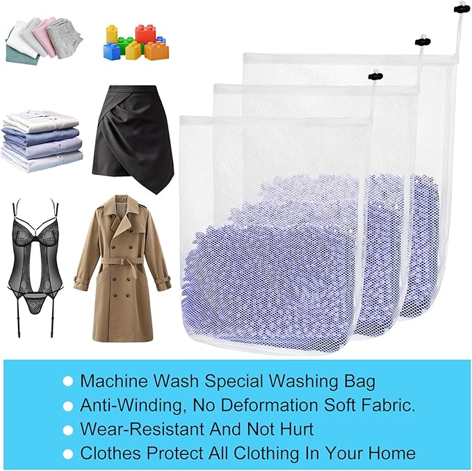 Thinp 3 Pcs Mesh Laundry Bags, Mesh Wash Bags Heavy Duty Washing Bag with Drawstring Machine Washable Garment Bag for Dormitory College Apartment Travelling Camping (White)