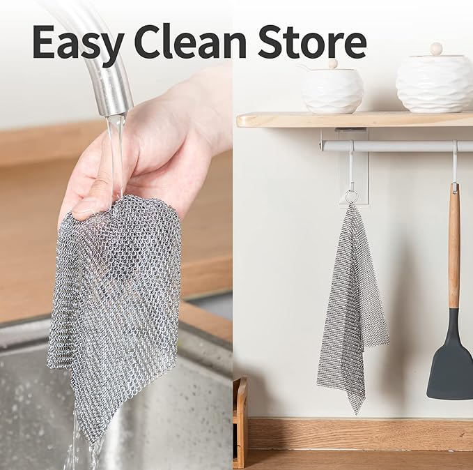 Cast Iron Cleaner 8 * 8" Upgraded Stainless Steel Chainmail Scrubber SJZSUNRUN 316L Metal Skillet for Pan, Camping, RV, BBQ, Baking, Vases, Barbecue Grill, Copper Cooker Cleaning