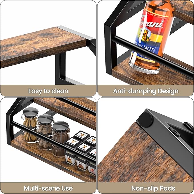 Coffee Syrup Rack Organizer, Spice Racks, Syrup Bottle Holder Stand for Coffee Bar, 3-Tier 12 Bottles Storage Shelves for Syrup, Wine, Dressing for Kitchen Countertop, Rustic Brown