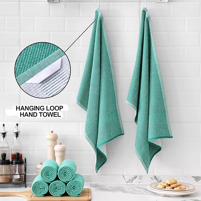 Homaxy Premium Kitchen Towels(18”x 28”, 6 Pack), Large Cotton Kitchen Hand Towels, Flat and Terry Dish Towels, 380 GSM Highly Absorbent Tea Towel Set with Hanging Loop, Green