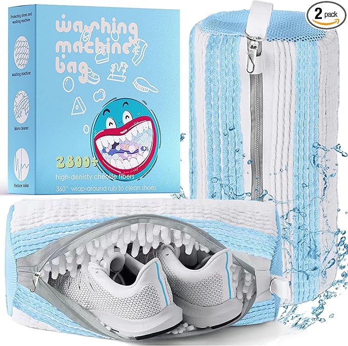 XXL Shoe Washing Machine Bag, Laundry Shoe Bag for Washer and Dryer, Laundry Shoe Bag Protect Sneaker, Running Shoes, Bras, Delicates and Toys, Includes 2 Shoes (BlueWhiteAlternating 2 Pack)