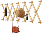 Dseap Accordian Wall Hanger: 16” High Wooden Wall Expandable Coat Rack, Hat Rack Holder, Accordion Hook for Baseball Caps, Coats, Mugs, 20 Peg Hooks, Natural
