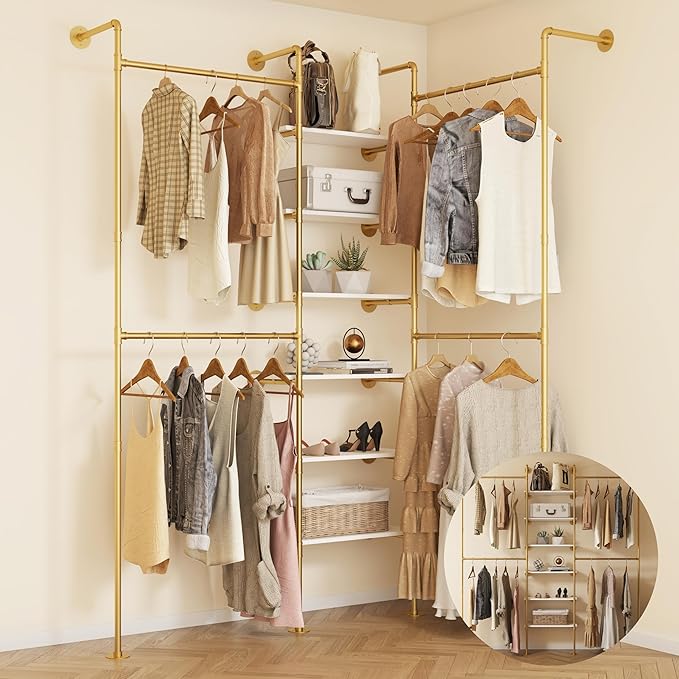 Industrial Pipe Clothes Rack, DÉCOR Wall Mounted Clothing Rack, for Walk-in Wardrobe Multi-Purpose Storage Clothes Hanging Shelf, 2 Installation Methods Gold
