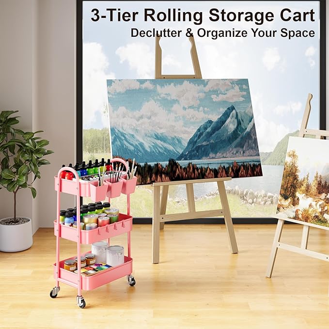 3 Tier Metal Rolling Cart with Lockable Wheels and Handle, Three Tiered Pink Trolley Cart on Wheels, Utility Storage Organizer for Bathroom, Kitchen, Teachers, Art, Crafts, Baby Diaper, Snack, Nail
