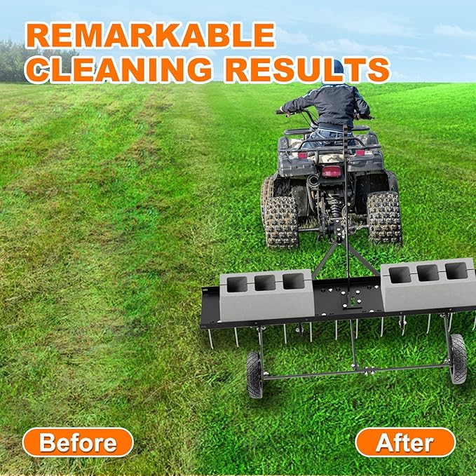 48" Tow Behind Lawn Dethatcher, Pull Behind Rake with 24 Rust-Proof Tines and Heavy Tires, Lawn Tractor Rake with Lift Handle, Black Tow Behind Rakes to Remove Thatch, Leaves from Large Lawn Area