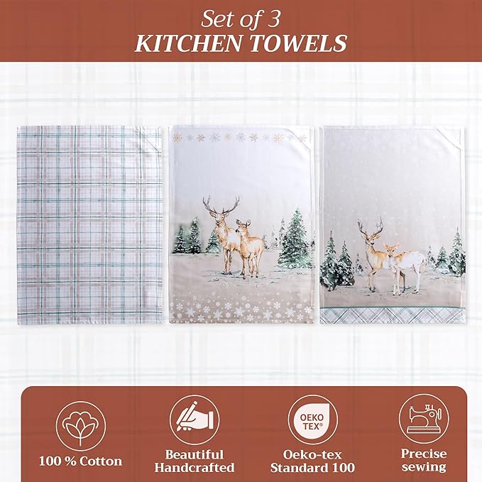 Maison d' Hermine Kitchen Towels Set of 3 100% Cotton 27.50" x 20" Reusable Cloth Tea Dish Towels Absorbent with Hanging Loop for Kitchen, Home, Dining, Cocktail Parties (Deer in The Woods)